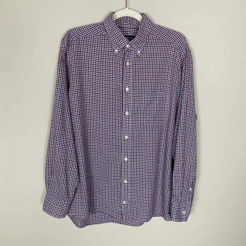 Eton Button Down Shirt Mens Large Red Blue Neck 16 Contemporary Fit Cotton Check